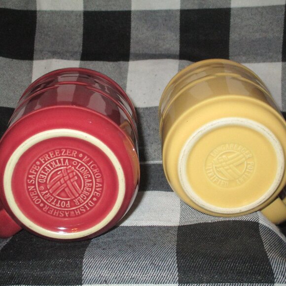 2 Longaberger Pottery Woven Traditions Butternut & Paprika Coffee 12oz Mugs Cups - Picture 3 of 4